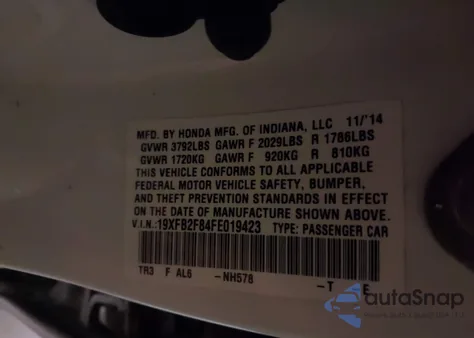 2015 Honda Civic Ex from USA, damaged, VIN 19XFB2F84FE019423